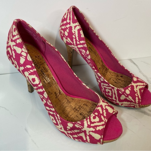 Christian Siriano Pink Fuchsia Open Toe Cork High Stilleto Heels Women’s Sz 8.5 - Picture 1 of 7